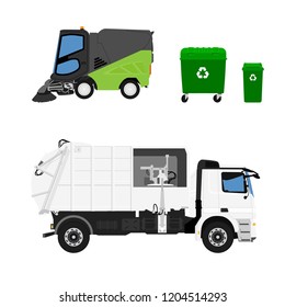 Vector illustration. Realistic hi-detailed street sweeper,  garbage truck and container.