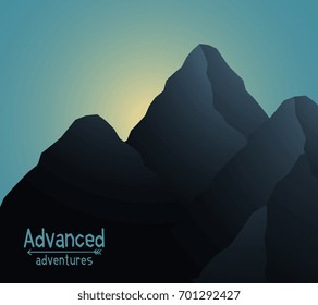 Vector illustration of realistic high unapproachable mountain range with sun and flare on blue sky background. Natural landscape design of mountains for adventure web, site, poster