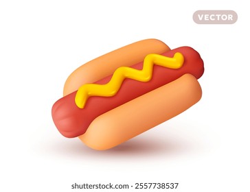 Vector illustration of realistic hot dog with mustard sauce on white color background. 3d style cartoon design of roast sausage in bun with shadow. Street meat fast food for web banner, menu, card
