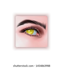 Vector illustration of realistic human eye of a girl with spiral hypnotic iris of yellow color
