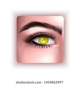Vector illustration of realistic human eye of a girl with spiral hypnotic iris of yellow color