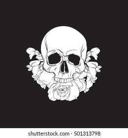 Vector illustration of realistic  human skull with flowers made in hand drawn line style. Template for postcard banner poster and print for t-shirt