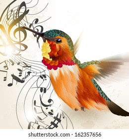 Vector illustration with realistic humming bird  and notes for design