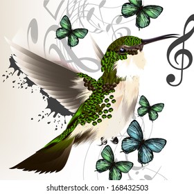 Vector illustration with realistic humming bird  and notes for desig