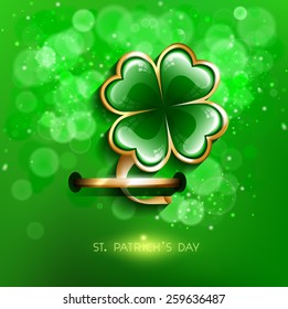 Vector illustration of realistic icon leaf clover with a gold rim with a pin fastened on a green blurred background with lettering Happy St. Patrick's Day. march. Spring.