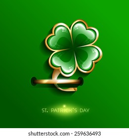 Vector illustration of realistic icon leaf clover with a gold rim with a pin fastened on a green background with lettering Happy St. Patrick's Day. march. 