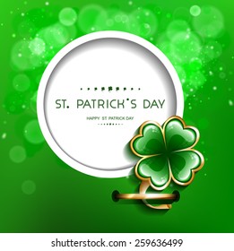 Vector illustration of realistic icon leaf clover with a gold rim with a pin fastened in wight circle on a green blurred background with lettering Happy St. Patrick's Day. march. 
