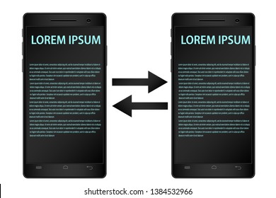 Vector illustration, realistic image two mobile phones of black colors with screens for information, isolated on white background. May be used to post information, advertising etc