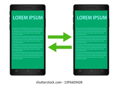 Vector illustration, realistic image two mobile phones of black colors with screens for information, isolated on white background. May be used to post information, advertising etc