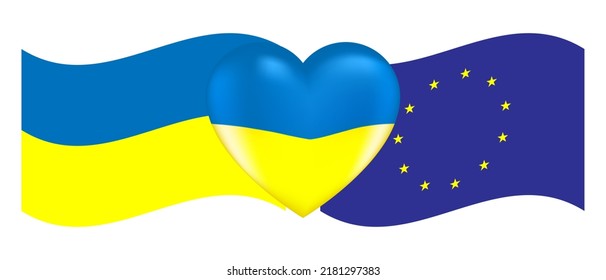Vector illustration. Realistic image of a volume heart in the colors of the Ukrainian flag with highlights and flags of Ukraine and Euro union on isolated background