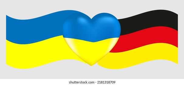 Vector illustration. Realistic image of a volume heart in the colors of the Ukrainian flag with highlights and flags of Ukraine and Germany on isolated background. eps10. 