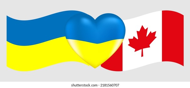 Vector illustration. Realistic image of a volume heart in the colors of the Ukrainian flag with highlights and flags of Ukraine and Canada on isolated background. eps10. 