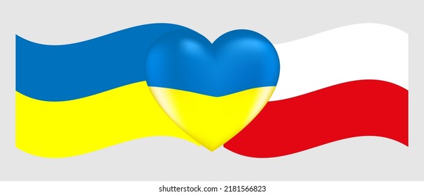 Ilustración vectorial. Imagen realista de un corazón lleno de volumen en los colores de la bandera ucraniana con destacados y banderas de Ucrania y Polonia en un fondo aislado. eps10.