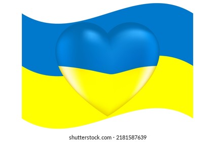 Vektorgrafik. Realistisches Bild eines Lautstärke-Herzens in den Nationalfarben der Ukraine mit Highlights auf dem Hintergrund der wehenden Flagge der Ukraine.