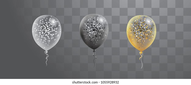 vector illustration. realistic inflatable festive balloons. balls different colors, gold, white, black, transparent and filled with sparkles and confetti. design graphics birthday, anniversary vector