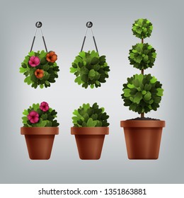 Vector illustration of realistic interior plants in pot: large clay pot with a green plant, plastic bush tree and hanging basket flowers isolated on background