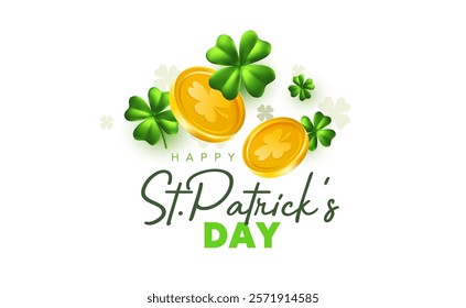 Vector illustration of realistic irish green clover and golden coin with happy saint patricks day word. 3d style design of template with leprechaun gold and clover for st patrick day celebration card