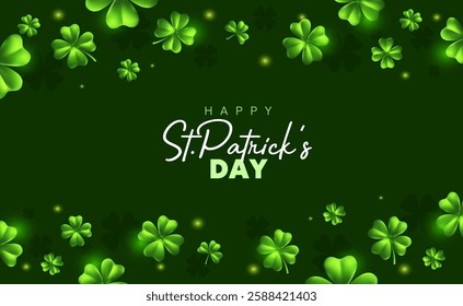 Vector illustration of realistic irish green clover border with happy saint patricks day word on green background. 3d style design of decorative clover pattern with word for st patrick day banner