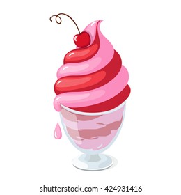 Vector illustration realistic isolated cherry frozen yogurt or ice cream in the glass bowl on the white background. Image with elements  for menu of cafe, cafeteria, shop, store, restaurant. eps10