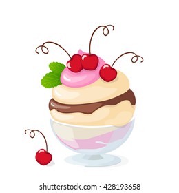 Vector illustration realistic isolated cherry ice cream or frozen yogurt in the glass bowl on the white background. eps10