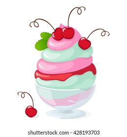 Vector illustration realistic isolated cherry ice cream or frozen yogurt in the glass bowl on the white background. eps10