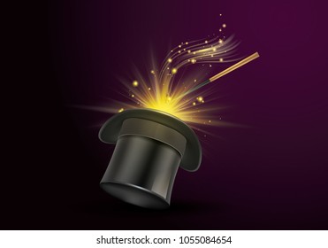vector illustration. realistic isolated magic hat with a stick on a dark background. focus with a hat magic items of a magician vector