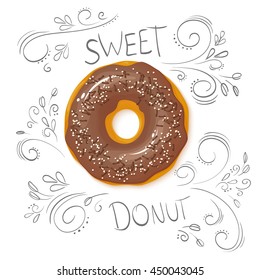 vector illustration of realistic isolated sweet donut on top view with hand drawn curly leaves and branches.