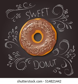 vector illustration of realistic isolated sweet donut on top view with hand drawn curly leaves and branches on blackboard .
