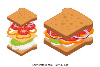 Vector illustration of realistic isometric style sandwich. Tasty snack with ingredients. Isolated on white background.