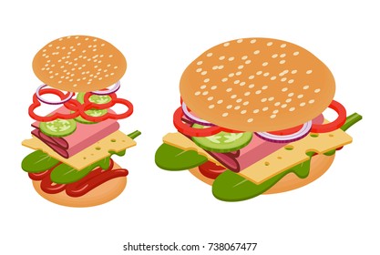 Vector illustration of realistic isometric style burger. Tasty snack with ingredients. Isolated on white background.