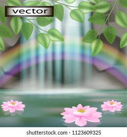 Vector illustration of a realistic landscape with a rainbow waterfall over a pond and Lotus under tree branches.