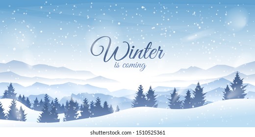 Vector illustration. Realistic landscape. Snowy background. Snowfall. Clear blue sky. Blizzard. Winter season. Forest trees and mountains. Snowdrifts. Spruce silhouettes. White and blue wallpaper