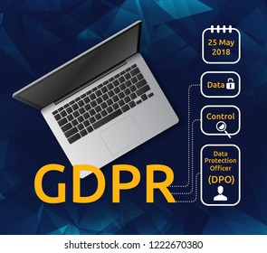 Vector illustration of realistic laptop top view and General Data Protection Regulation or GDPR with explanatory icons. Concept of privacy laws for users