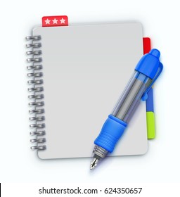 Ilustração vetorial de caderno espiral de couro realista e caneta esferográfica azul detalhada