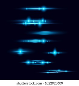Vector illustration of realistic lens flare elements collection. Light effect, flashes of light on dark blue background.