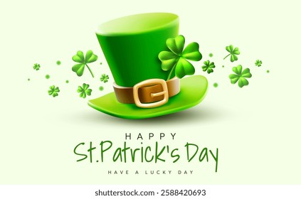 Vector illustration of realistic leprechaun green hat with clover and happy saint patricks day word on green background. 3d style design of leprechaun hat with buckle and clover for st patrick day