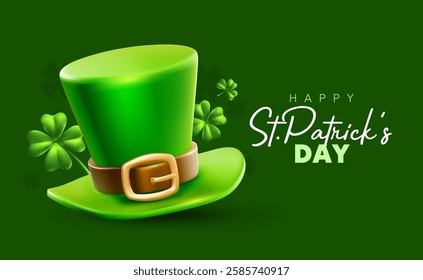 Vector illustration of realistic leprechaun hat with buckle and irish green clover with happy saint patricks day word. 3d style design of leprechaun hat with shamrock for st patrick day banner