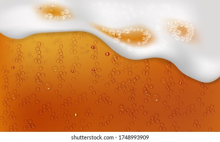 Vector illustration of realistic light or dark beer with foam and bubbles.Cool liquid drink.
