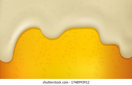 Vector illustration of realistic light or dark beer with foam and bubbles.Cool liquid drink.