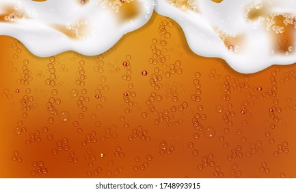 Vector illustration of realistic light or dark beer with foam and bubbles.Cool liquid drink.