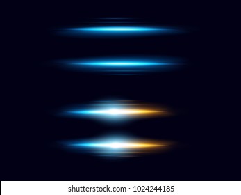 Vector illustration of realistic light effect, flashes of light. Lens flare elements collection on dark blue background.