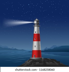 vector illustration realistic lighthouse against a night landscape svg