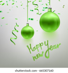 Vector illustration realistic lime green Christmas toy, ball, confetti, sparkles. Postcard design. Happy New Year calligraphy. EPS 10