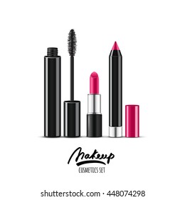 Vector illustration of realistic makeup cosmetics set. Pink lipstick, mascara and cosmetic pencils isolated on white background. Design concept for cosmetics label, visage and makeup. 