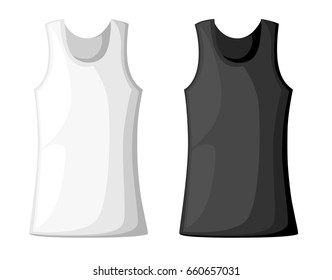 Vector illustration with realistic male shirt template. Woman's white sleeveless tank top in front and back views. mock up for prints or logo design