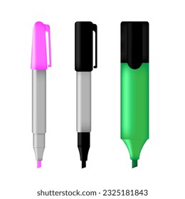  Vector illustration of realistic marker pens on white background. Stationery and school supplies.