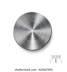 Vector illustration with realistic metal button with circular processing on isolated white background. Vector volume knob with metal texture. Steel design background.