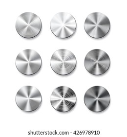 Vector illustration with realistic metal button with circular processing on isolated white background. Vector volume knob with metal texture. Steel design background.