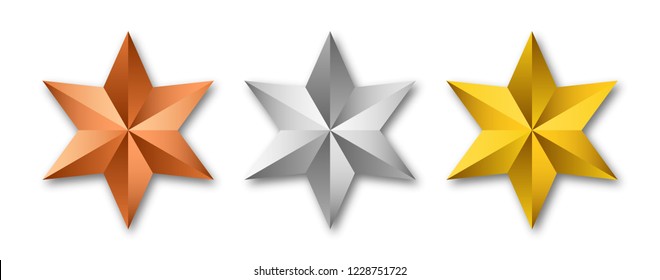 Vector illustration of realistic metallic 3 stars. Metal scratched texture. Decorated set of 3 stars. Vector illustration of 3 stars. Stars icon set, vector.
