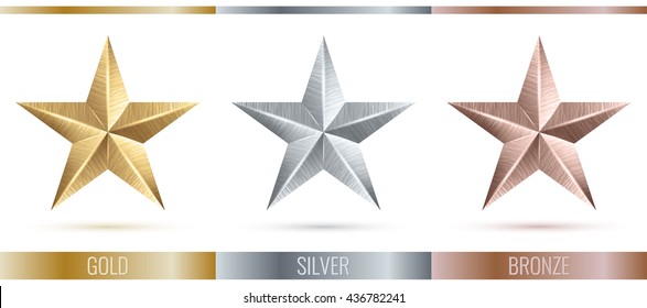 Vector illustration of realistic metallic 3 stars. Metal scratched texture. Decorated set of 3 stars. Vector illustration of 3 stars. Stars icon set, vector. Vector volume shiny five-pointed stars.